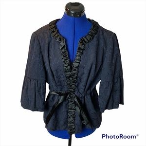 ANN TAYLOR LOFT Bohemian Floral Jacquard 3/4 Puff Bell Sleeve Tie Waist Blazer